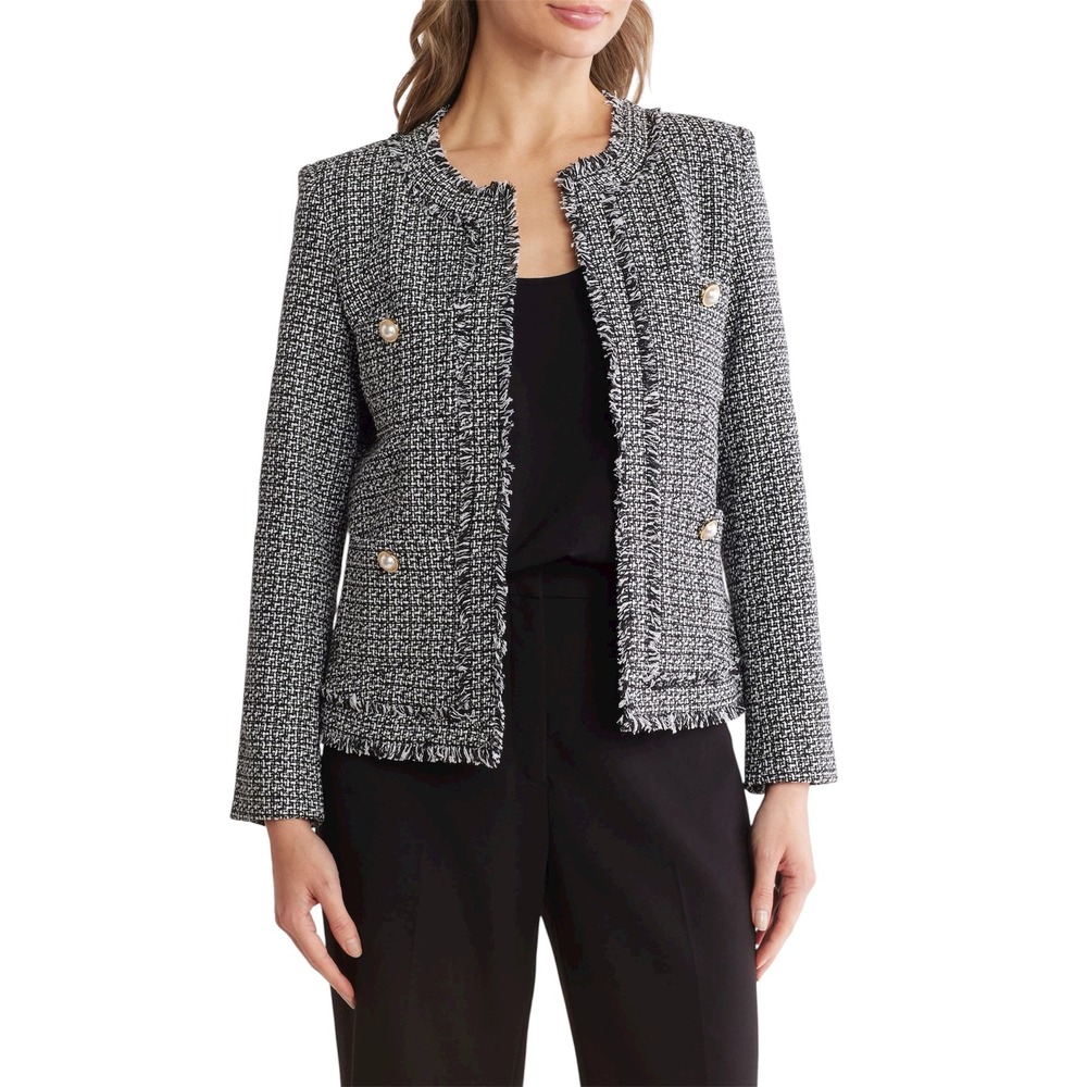 Nanette Lepore Faux Pearl Buttons Jewel Neck Bouclé Tweed Front Open Jacket 16/